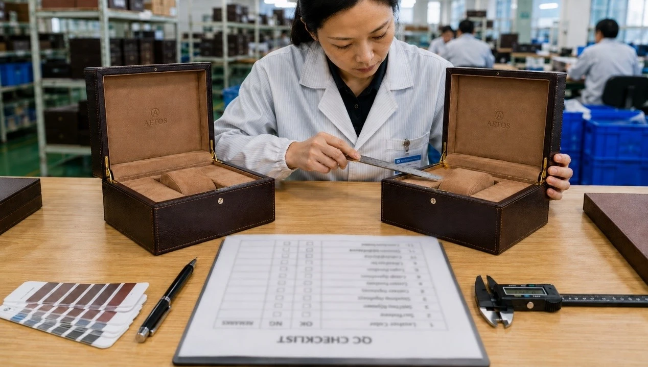 Custom watch box sample quality check for dimensions leather logo stitching and cushion fit Custom watch box sample quality check for dimensions leather logo stitching and cushion fit